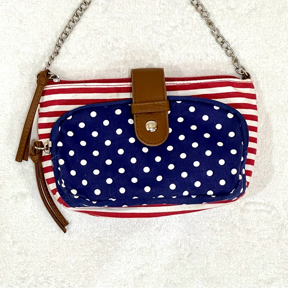 Patriotic American Flag Crossbody Bag Red White & Blue Stripes Polka Dot Purse - Picture 4 of 14